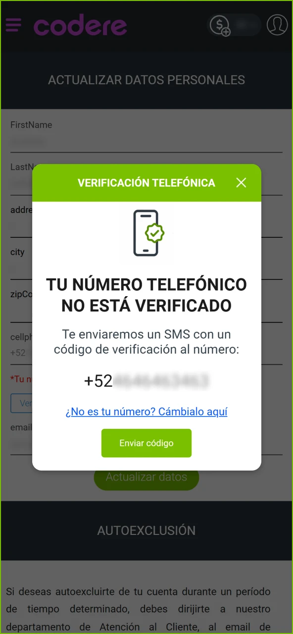 Verifica tu cuenta en el sitio oficial de Codere Casino con código SMS.