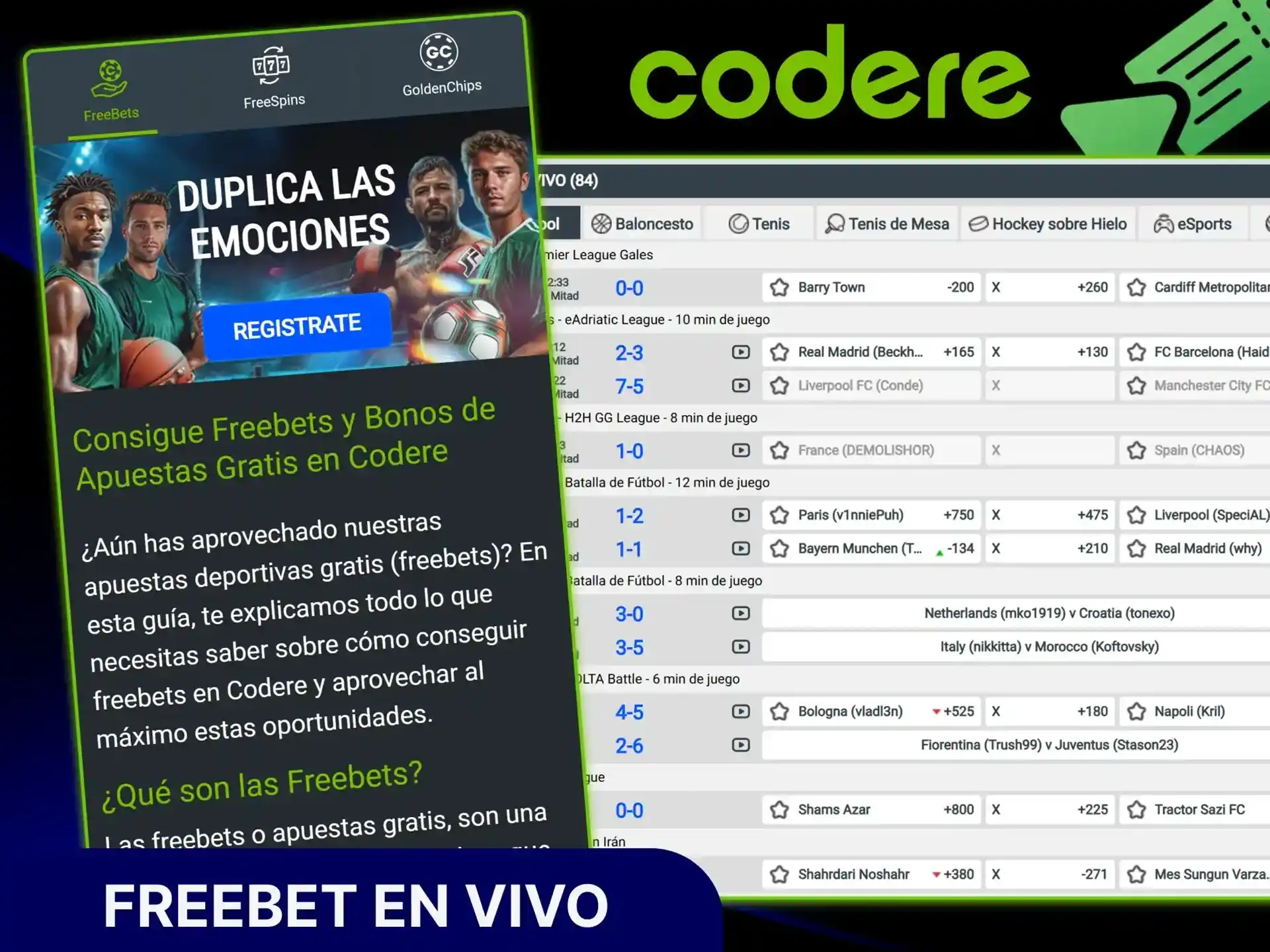Obtén tu freebet en vivo para apuestas deportivas en Codere Casino oficial.