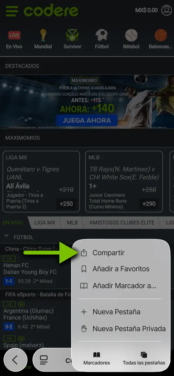 En el navegador de tu dispositivo, toca el botón compartir situado en la barra de opciones.