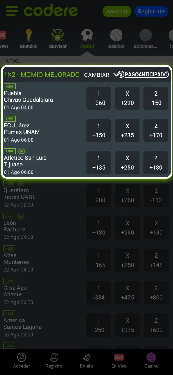 Elige el evento y el mercado donde desees poner a prueba tus pronósticos.
